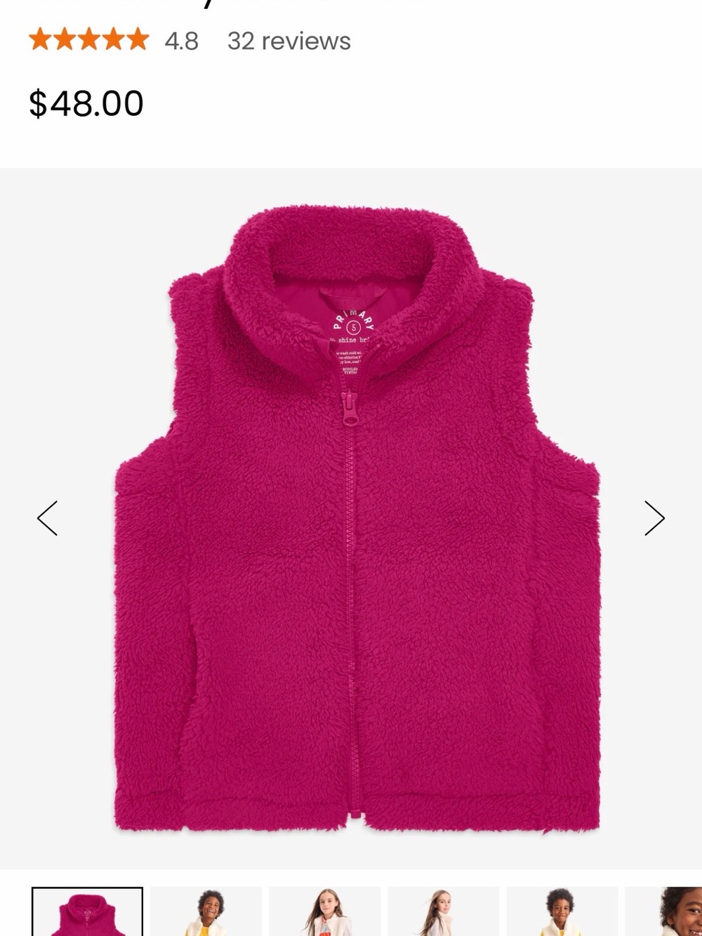 Primary Girls' Fuchsia Sherpa Vest 6/7